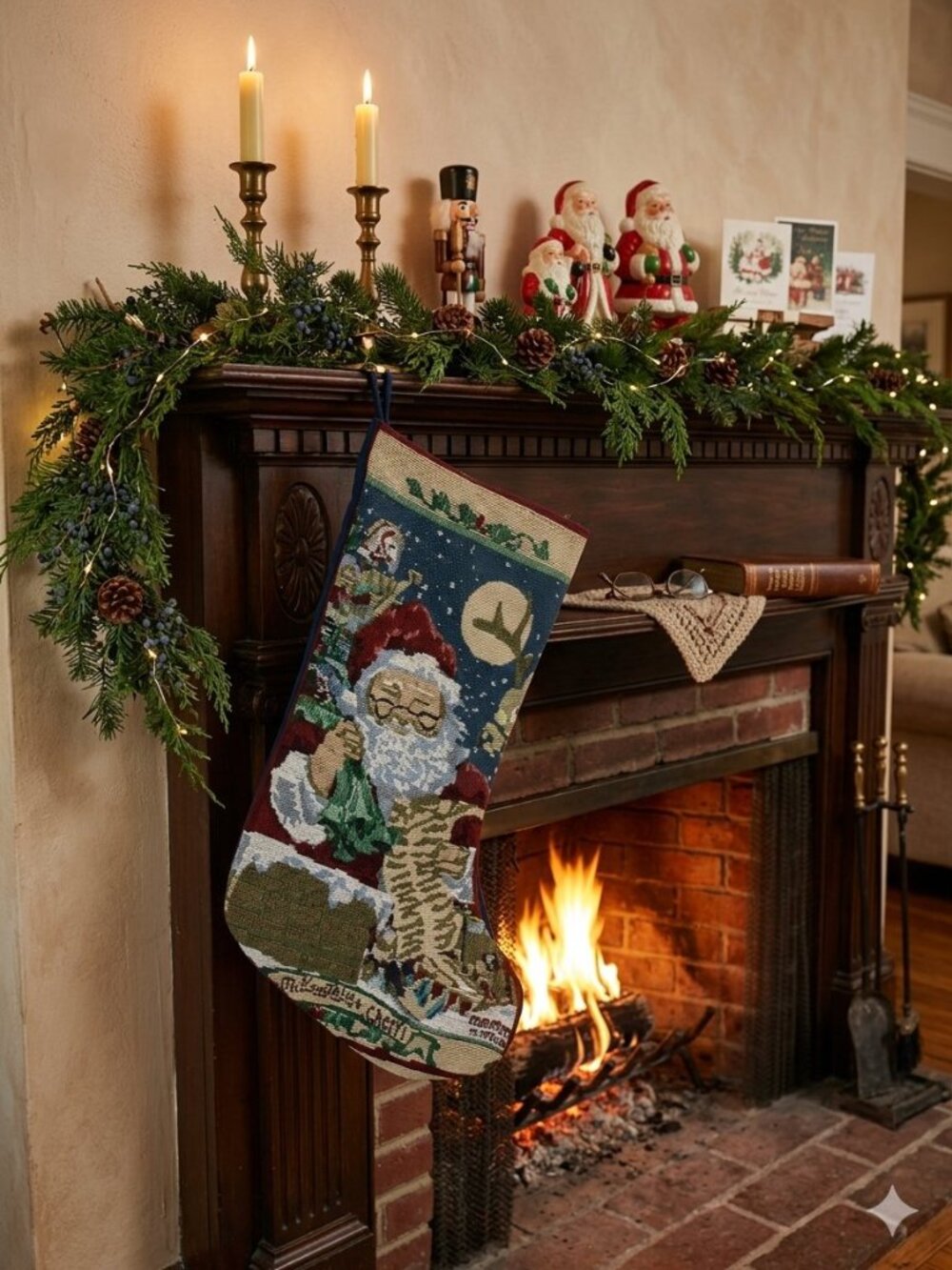 Tapestry Needlepoint Stocking Santa Checking His List Victorian Christmas VTG